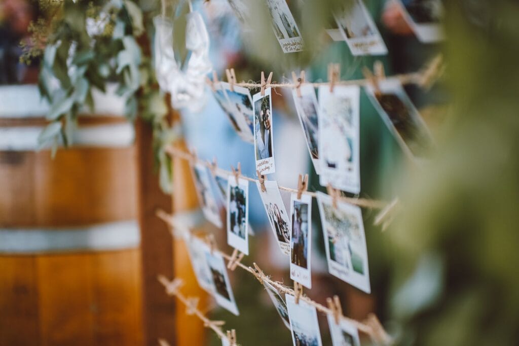 Polaroidowe zdjęcia zawieszone na sznurku wśród zieleni
